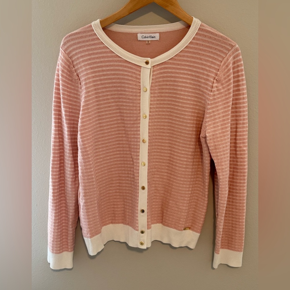Calvin Klein Pink Striped Women's Cardigan Sweater L